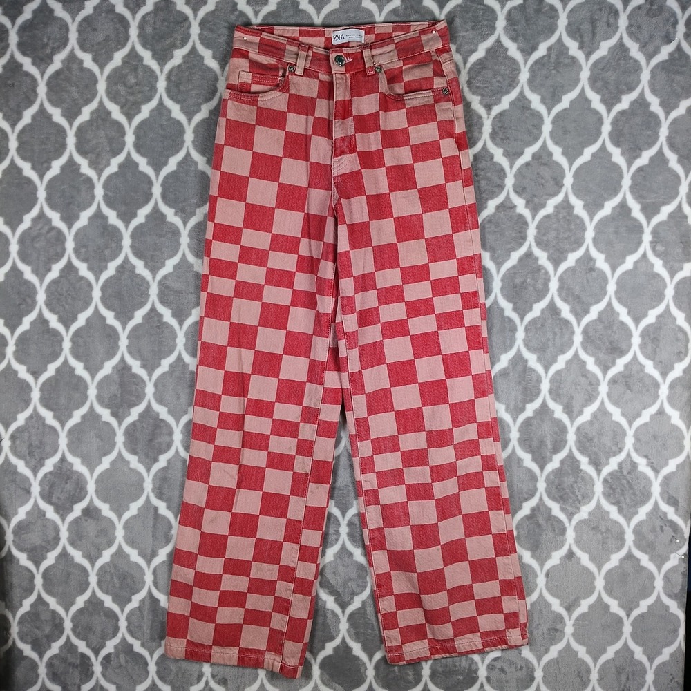 Zara Jeans Women Size 4 Red Pink Checkerboard Wide Leg High Rise Pants